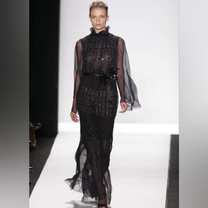 *$8,000 OSCAR DE LA RENTA BLACK  SILK LACE BEAD ESTAB RUNWAY DRESS GOWN US 16 XL